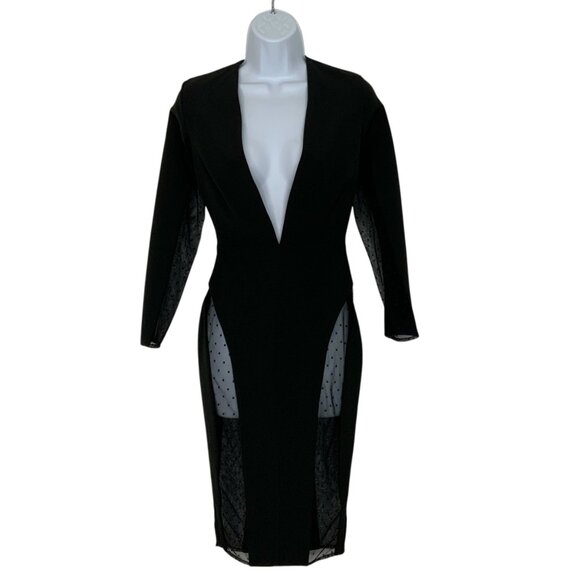 House Of CB Niida Black Sheer Panel Bodycon Dress XS Deep V-Neck Midi Party - Picture 1 of 12